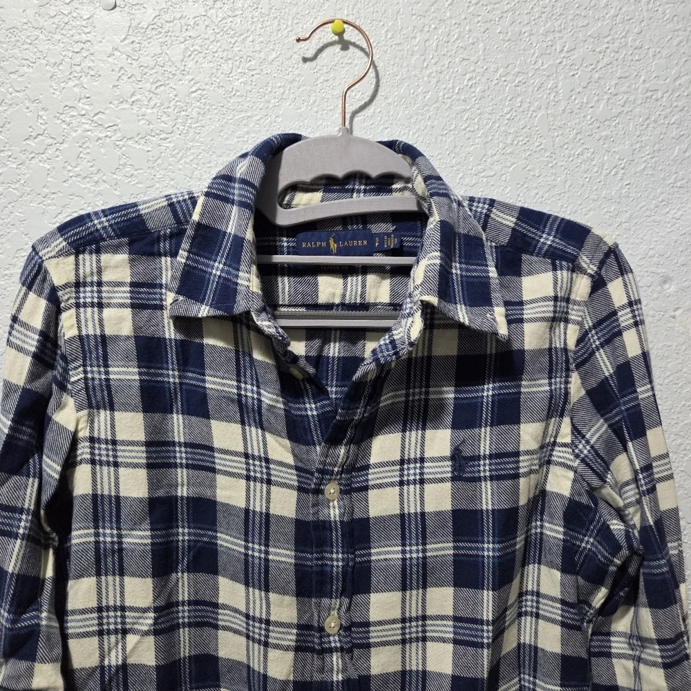 Ralph Lauren Blue Label Navy and Cream Plaid Shirt - Picture 2 of 6